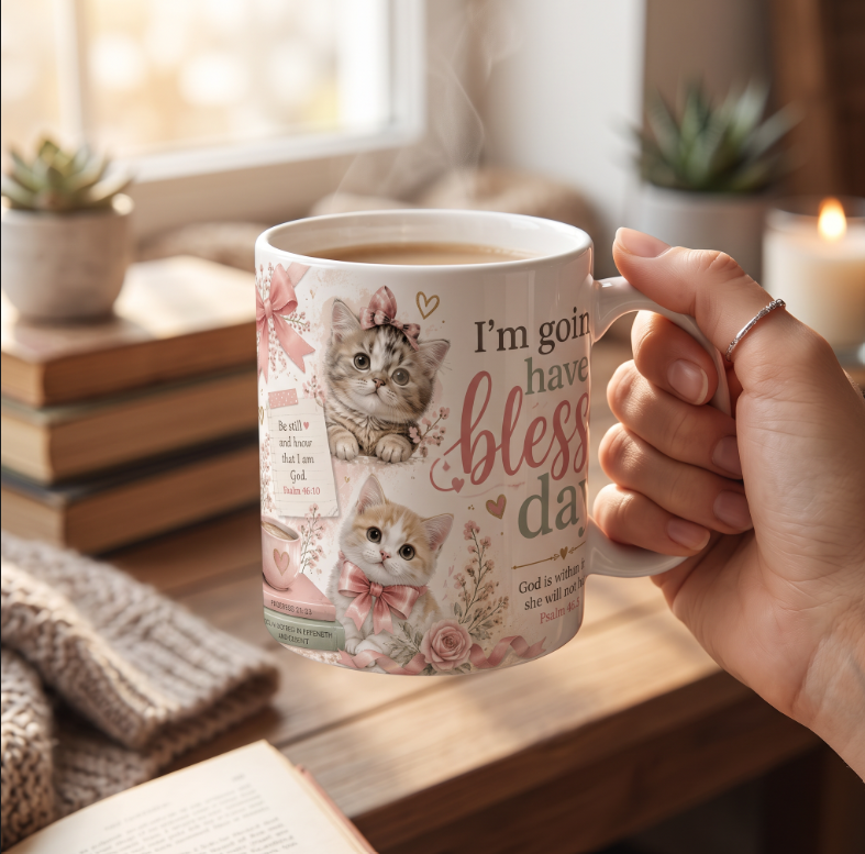 Christian Cat Mug, Blessed Day Kitten Cup, Psalm 46:5 Gift