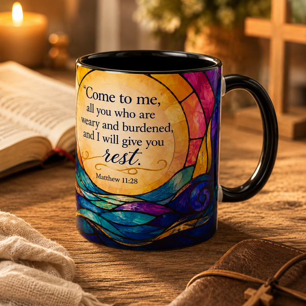 Matthew 11:28 Bible Verse Mug, Christian Coffee Cup, Come To Me All Who Are Weary Mug, Stained Glass Scripture Gift, Faith Prayer Mug