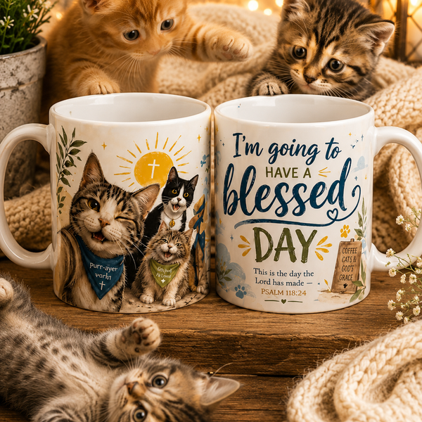 Christian Cat Mug, Cat Lover Coffee Mug, Bible Verse Mug, Im Going to Have a Blessed Day Mug