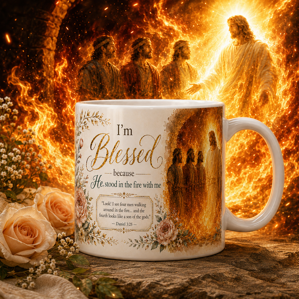 Daniel 3:25 Christian Mug, He Stood in the Fire With Me Bible Verse Coffee Cup, Fiery Furnace Faith Gift