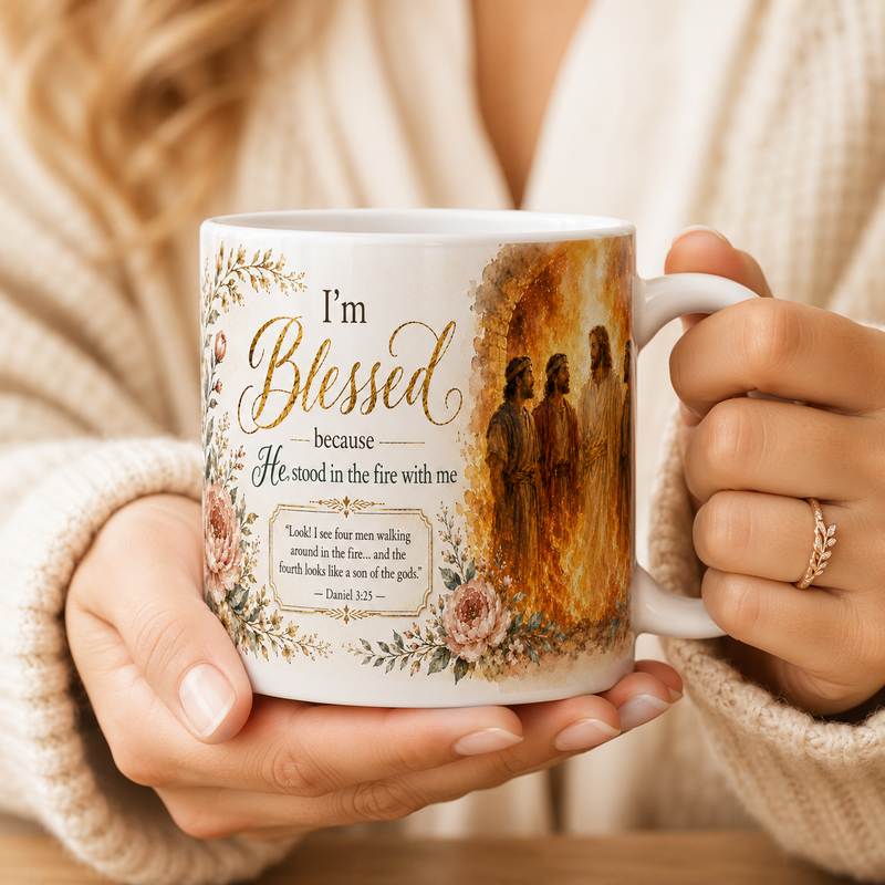 Daniel 3:25 Christian Mug, He Stood in the Fire With Me Bible Verse Coffee Cup, Fiery Furnace Faith Gift