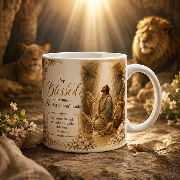 Daniel 6:22 Christian Mug, He Shut the Lions Mouths Bible Verse Coffee Cup, Faith Gift