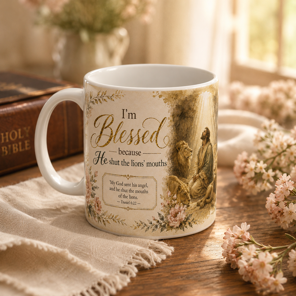 Daniel 6:22 Christian Mug, He Shut the Lions Mouths Bible Verse Coffee Cup, Faith Gift