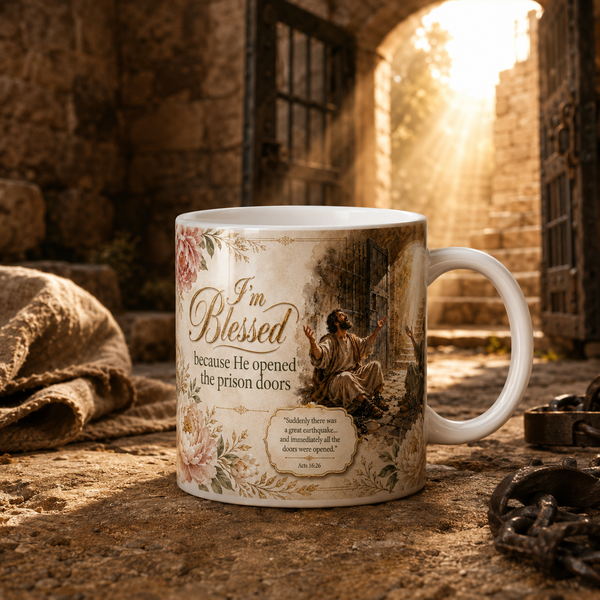 Acts 16:26 Christian Mug, He Opened the Prison Doors Bible Verse Coffee Cup, Faith Gift