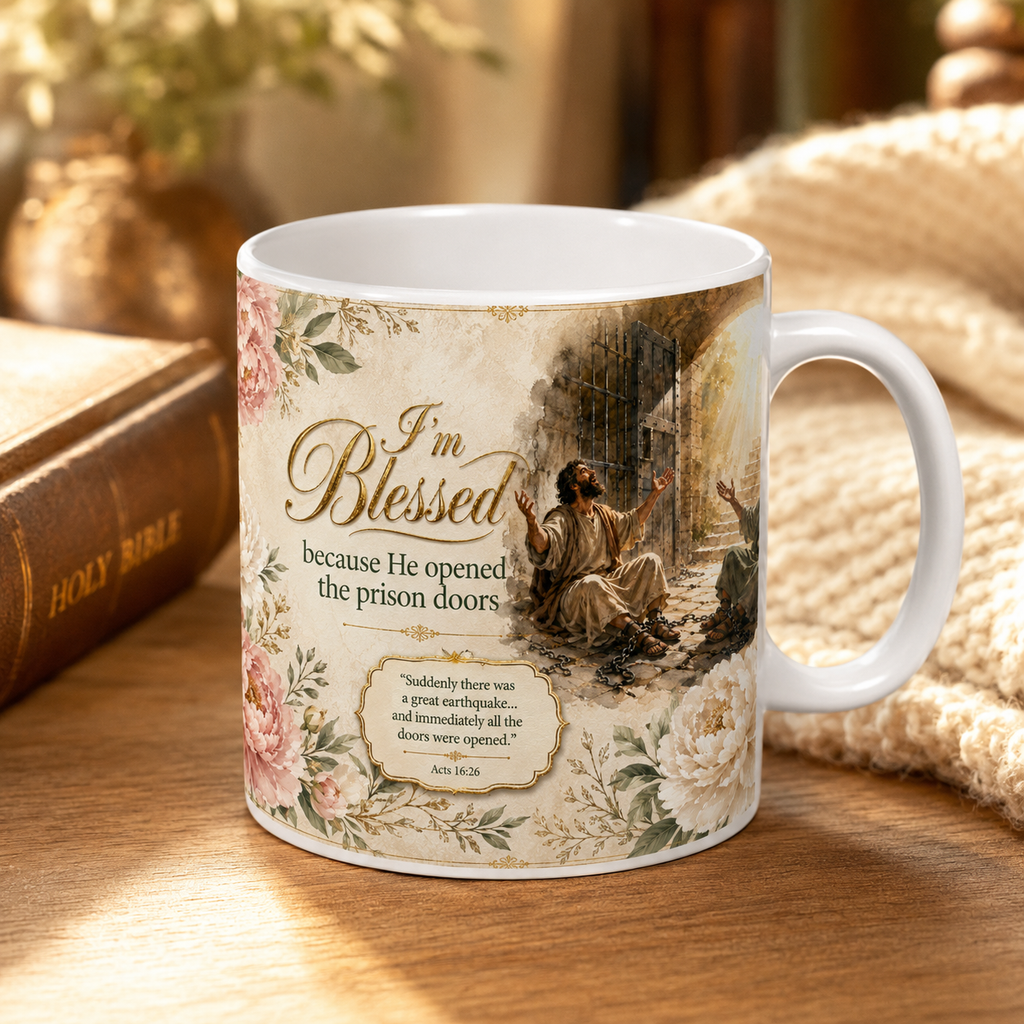 Acts 16:26 Christian Mug, He Opened the Prison Doors Bible Verse Coffee Cup, Faith Gift