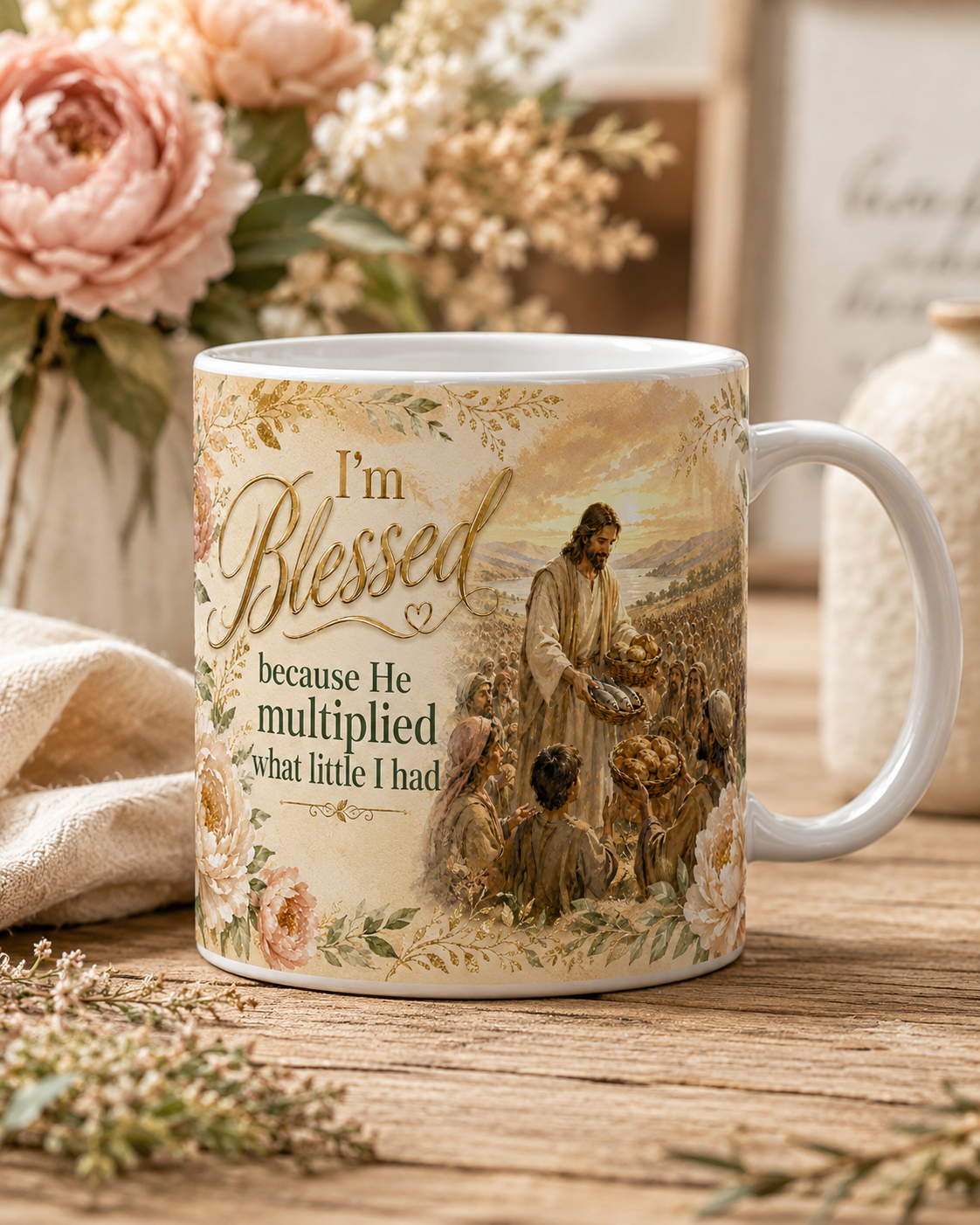Jesus Feeds the Multitude Bible Verse Coffee Cup, Faith Gift