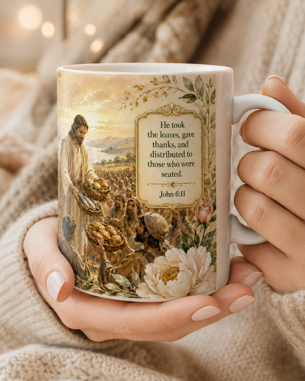 Jesus Feeds the Multitude Bible Verse Coffee Cup, Faith Gift