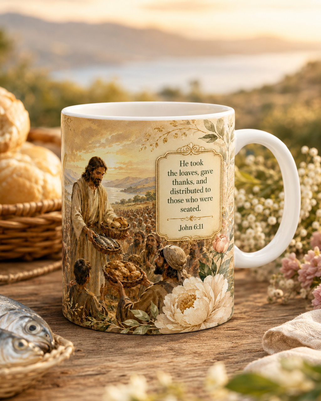 Jesus Feeds the Multitude Bible Verse Coffee Cup, Faith Gift