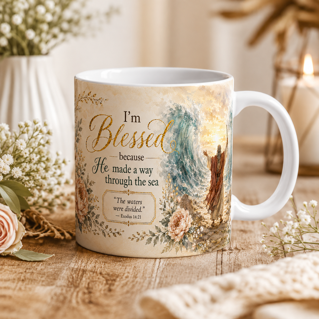 Exodus 14:21 Christian Mug, He Made a Way Through the Sea Bible Verse Coffee Cup, Faith Gift
