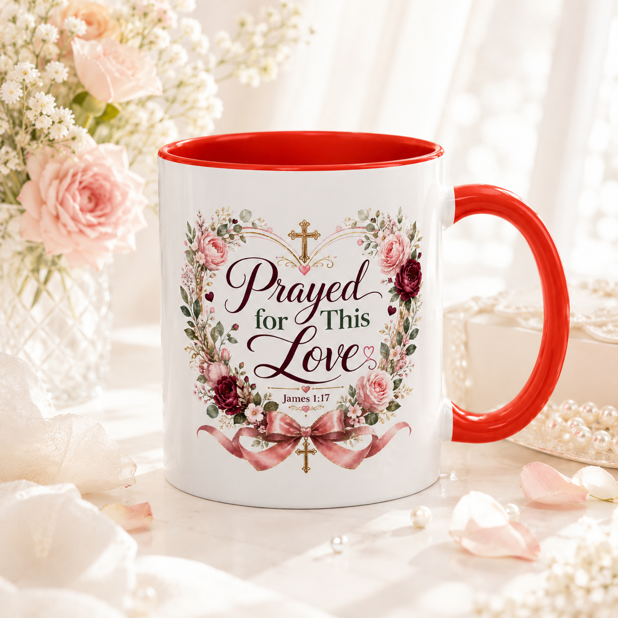Prayed for This Love Mug, Christian Gift for Wife or Girlfriend, Romantic Bible Verse Mug, James 1:17 Floral Love Coffee Cup
