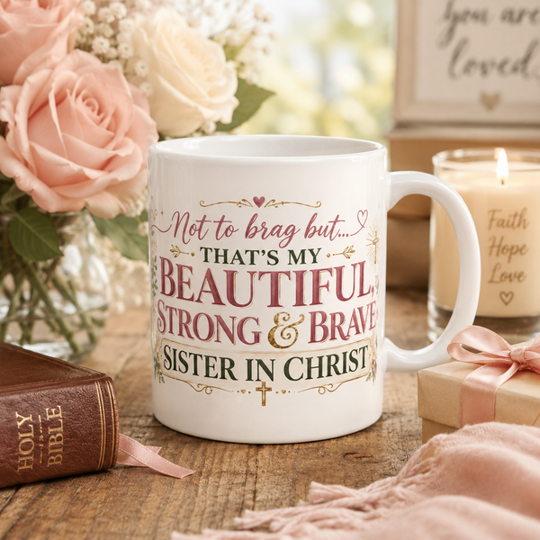 Beautiful Strong & Brave Sister in Christ Mug | Ceramic Coffee Cup