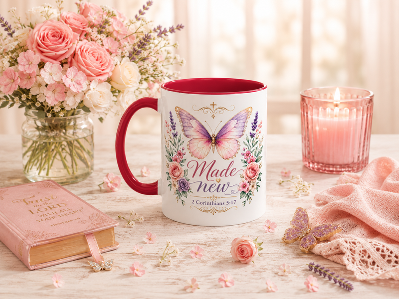 Biblical Butterfly Cup Accent Coffee Mug | Scripture Floral Ceramic