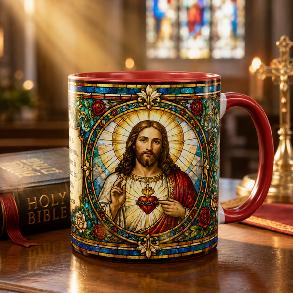 Sacred Heart Jesus Stained Glass Mug | Accent Coffee Mug 11oz 15oz