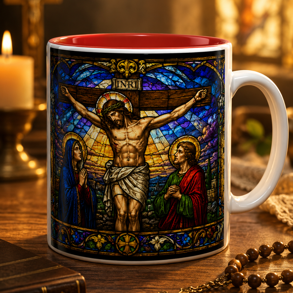 Jesus Crucifixion Mug, Christian Coffee Cup, Stained Glass Cross Mug, Faith Bible Mug, Religious Gift, Holy Bible Coffee Cup