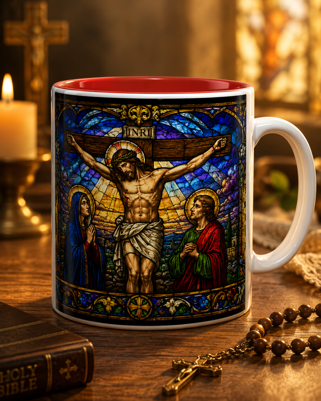 Jesus Crucifixion Mug, Christian Coffee Cup, Stained Glass Cross Mug, Faith Bible Mug, Religious Gift, Holy Bible Coffee Cup