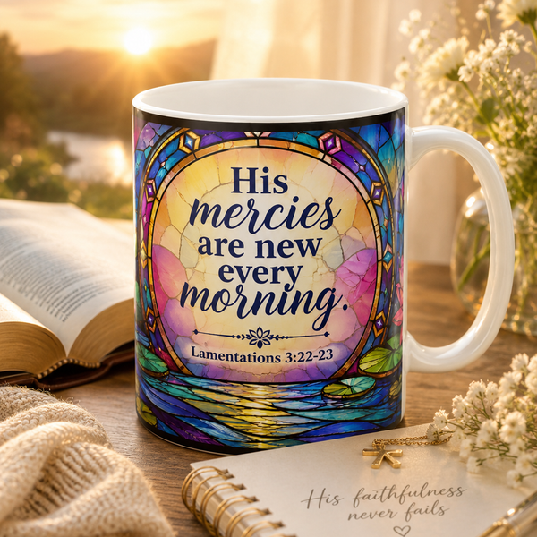His mercies are new every morning Ceramic Mug | Lamentations 3:22-23, stained glass lotus design