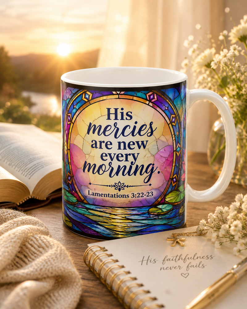 His mercies are new every morning Ceramic Mug | Lamentations 3:22-23, stained glass lotus design