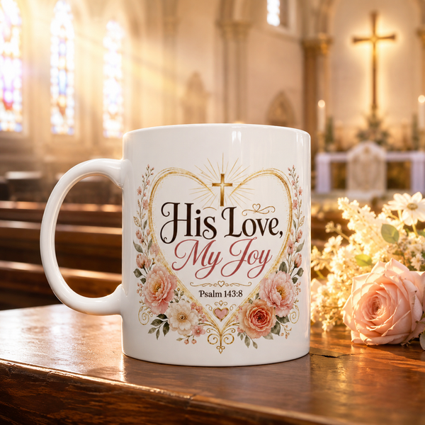 His Love My Joy Mug, Christian Bible Verse Coffee Cup, Psalm 143:8 Faith Gift, Floral Church Mug, Religious Gift for Her