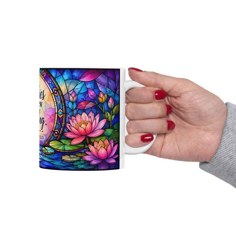 His mercies are new every morning Ceramic Mug | Lamentations 3:22-23, stained glass lotus design