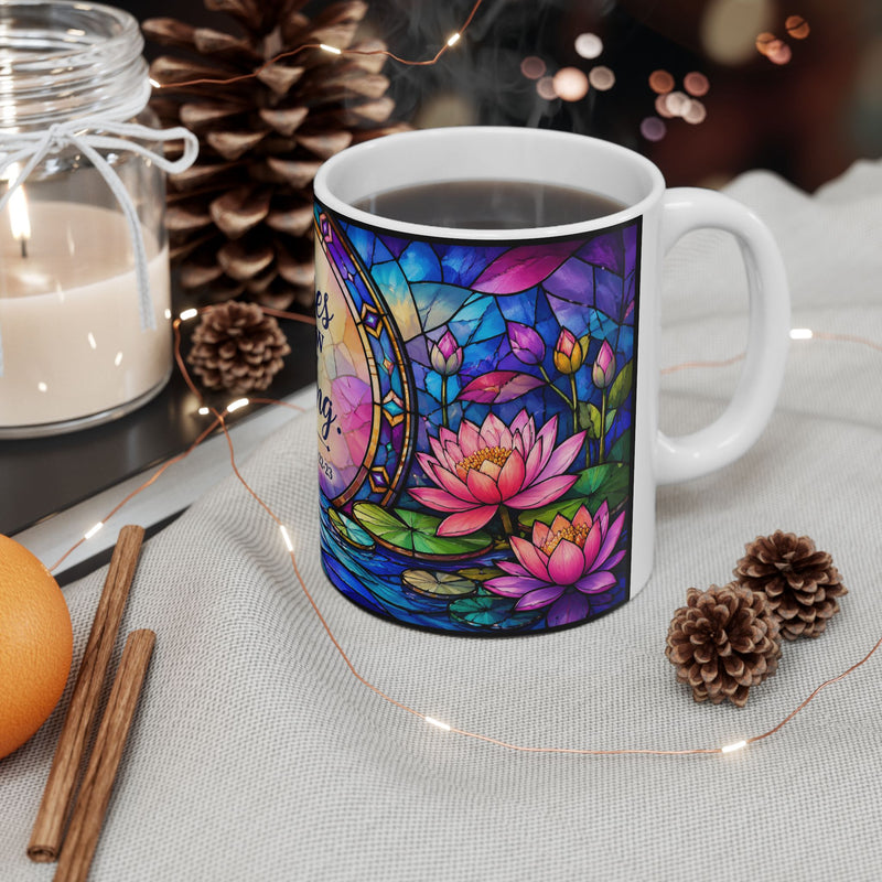 His mercies are new every morning Ceramic Mug | Lamentations 3:22-23, stained glass lotus design