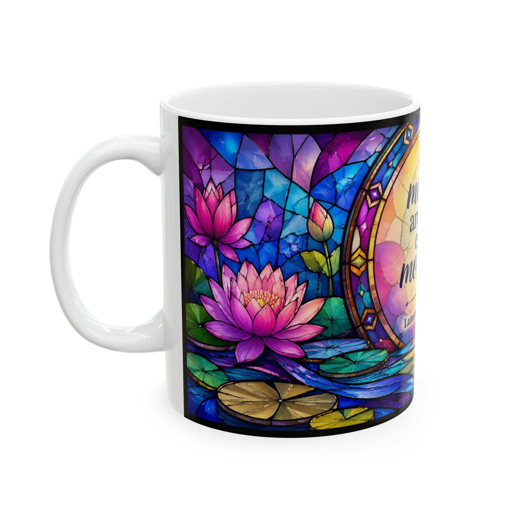 His mercies are new every morning Ceramic Mug | Lamentations 3:22-23, stained glass lotus design