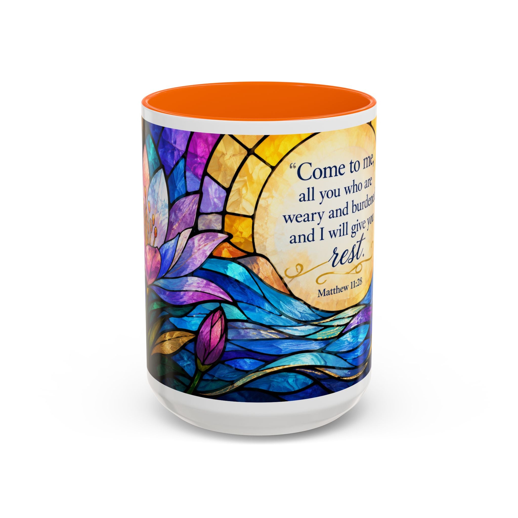 Matthew 11:28 Bible Verse Mug, Christian Coffee Cup, Come To Me All Who Are Weary Mug, Stained Glass Scripture Gift, Faith Prayer Mug
