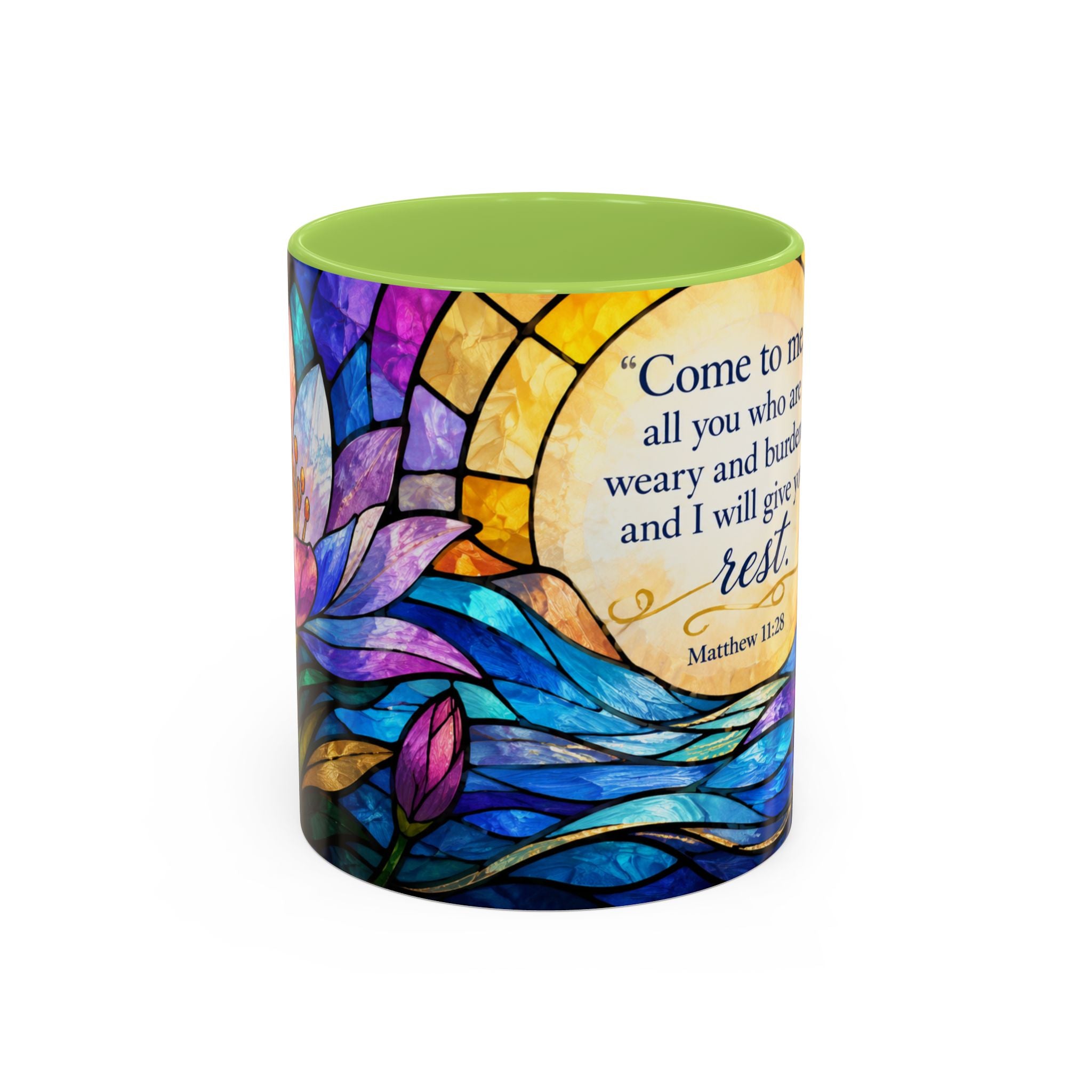 Matthew 11:28 Bible Verse Mug, Christian Coffee Cup, Come To Me All Who Are Weary Mug, Stained Glass Scripture Gift, Faith Prayer Mug