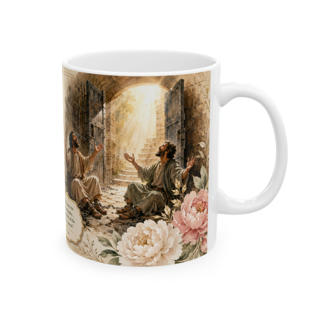 Acts 16:26 Christian Mug, He Opened the Prison Doors Bible Verse Coffee Cup, Faith Gift