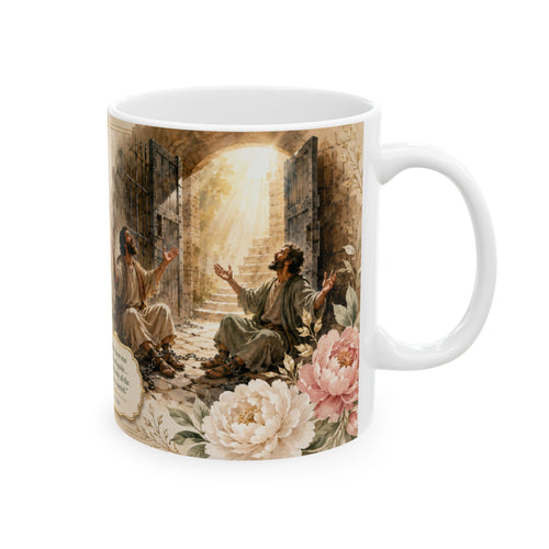 Acts 16:26 Christian Mug, He Opened the Prison Doors Bible Verse Coffee Cup, Faith Gift