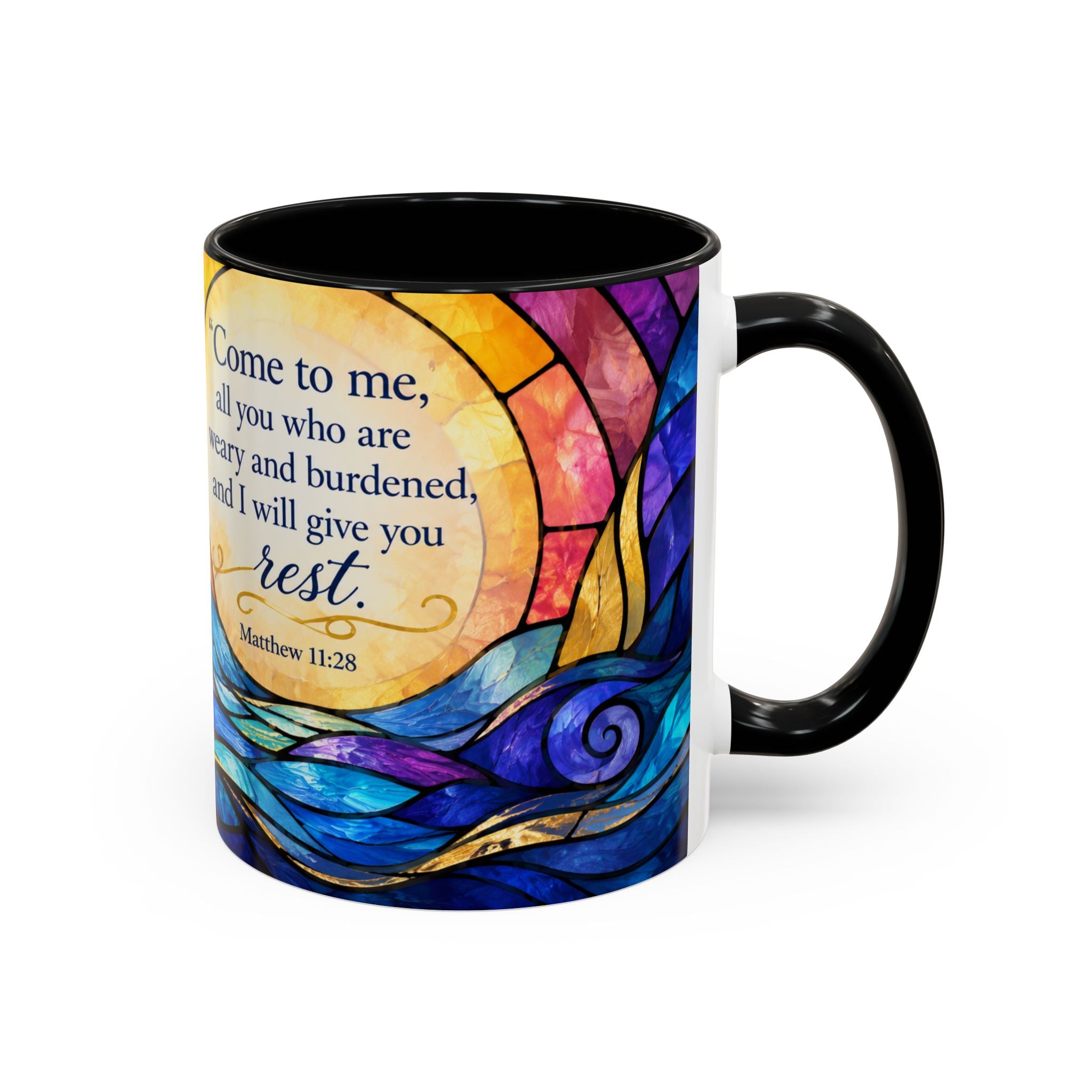 Matthew 11:28 Bible Verse Mug, Christian Coffee Cup, Come To Me All Who Are Weary Mug, Stained Glass Scripture Gift, Faith Prayer Mug