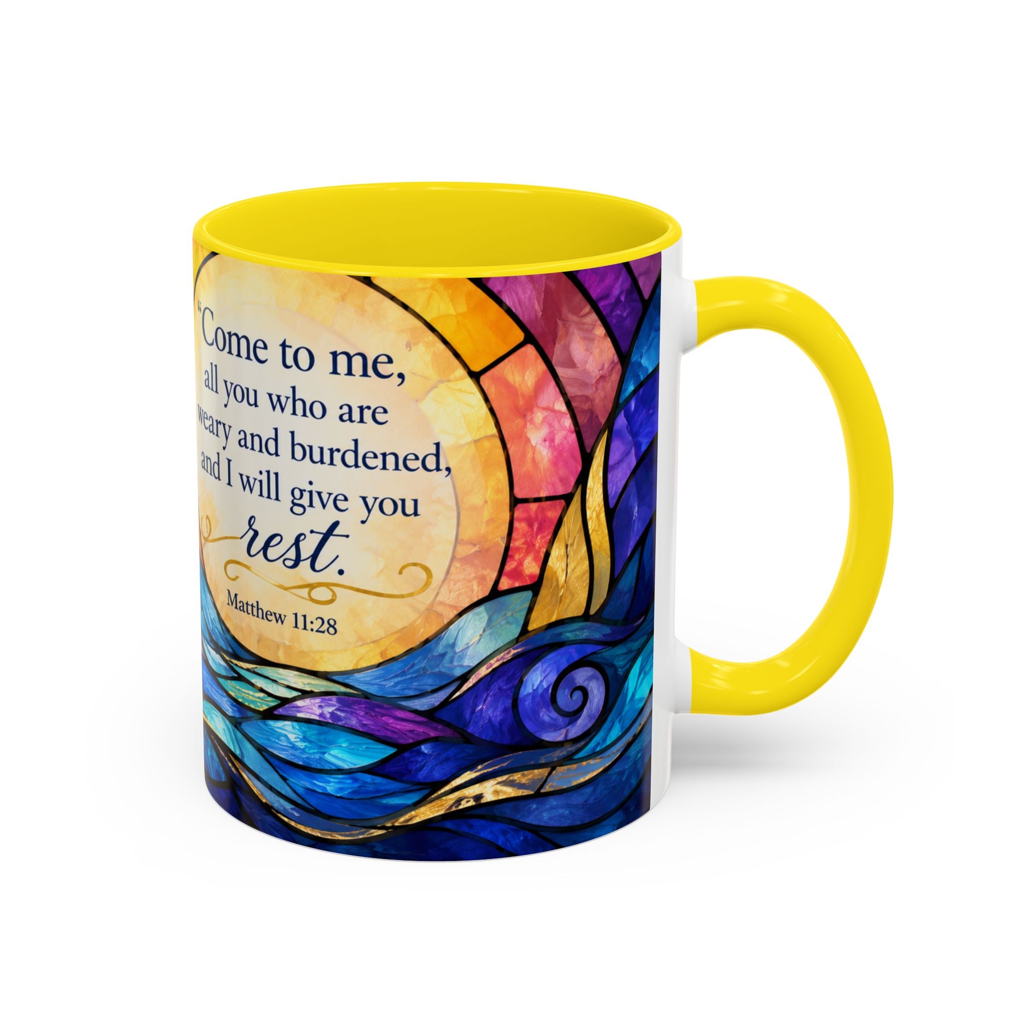 Matthew 11:28 Bible Verse Mug, Christian Coffee Cup, Come To Me All Who Are Weary Mug, Stained Glass Scripture Gift, Faith Prayer Mug