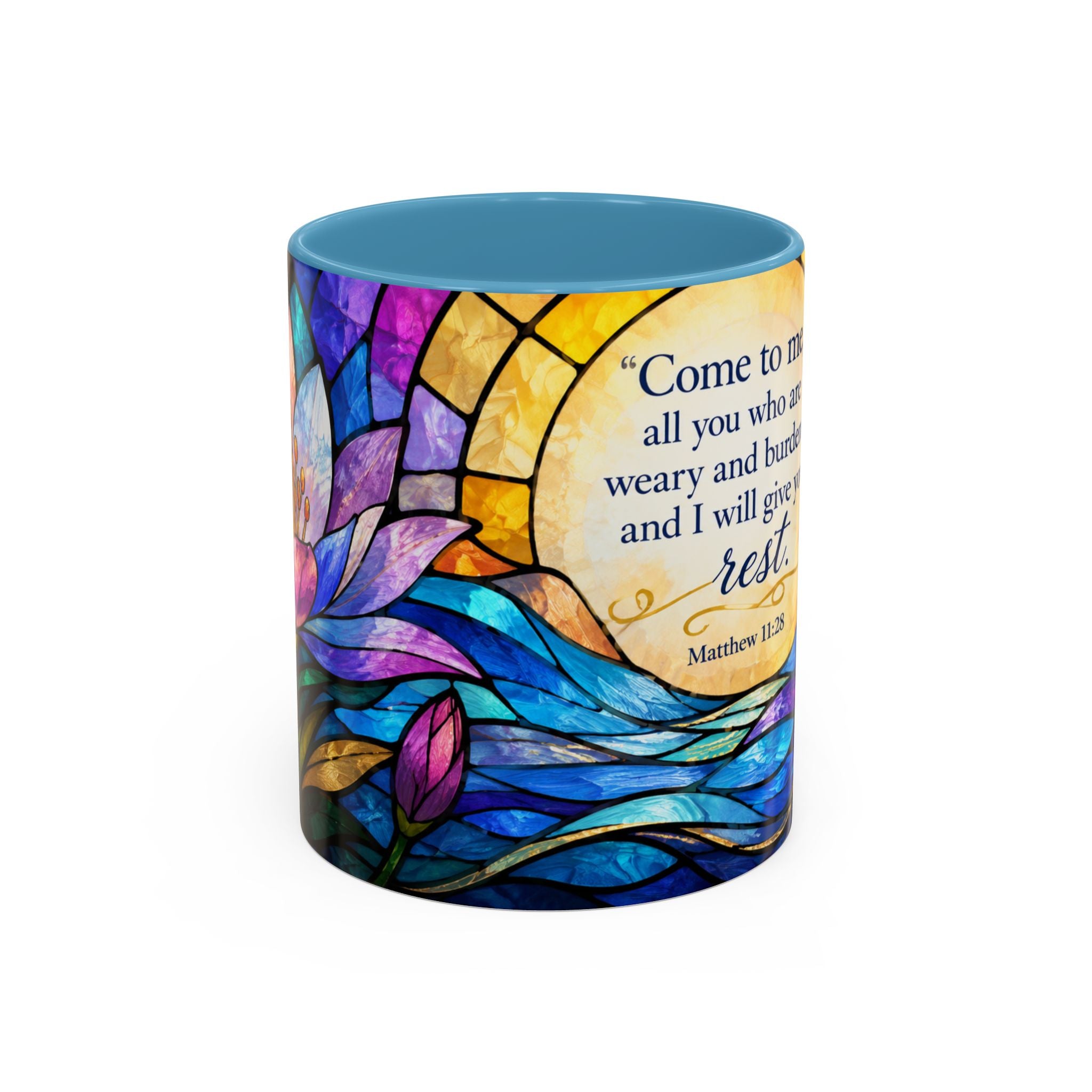 Matthew 11:28 Bible Verse Mug, Christian Coffee Cup, Come To Me All Who Are Weary Mug, Stained Glass Scripture Gift, Faith Prayer Mug