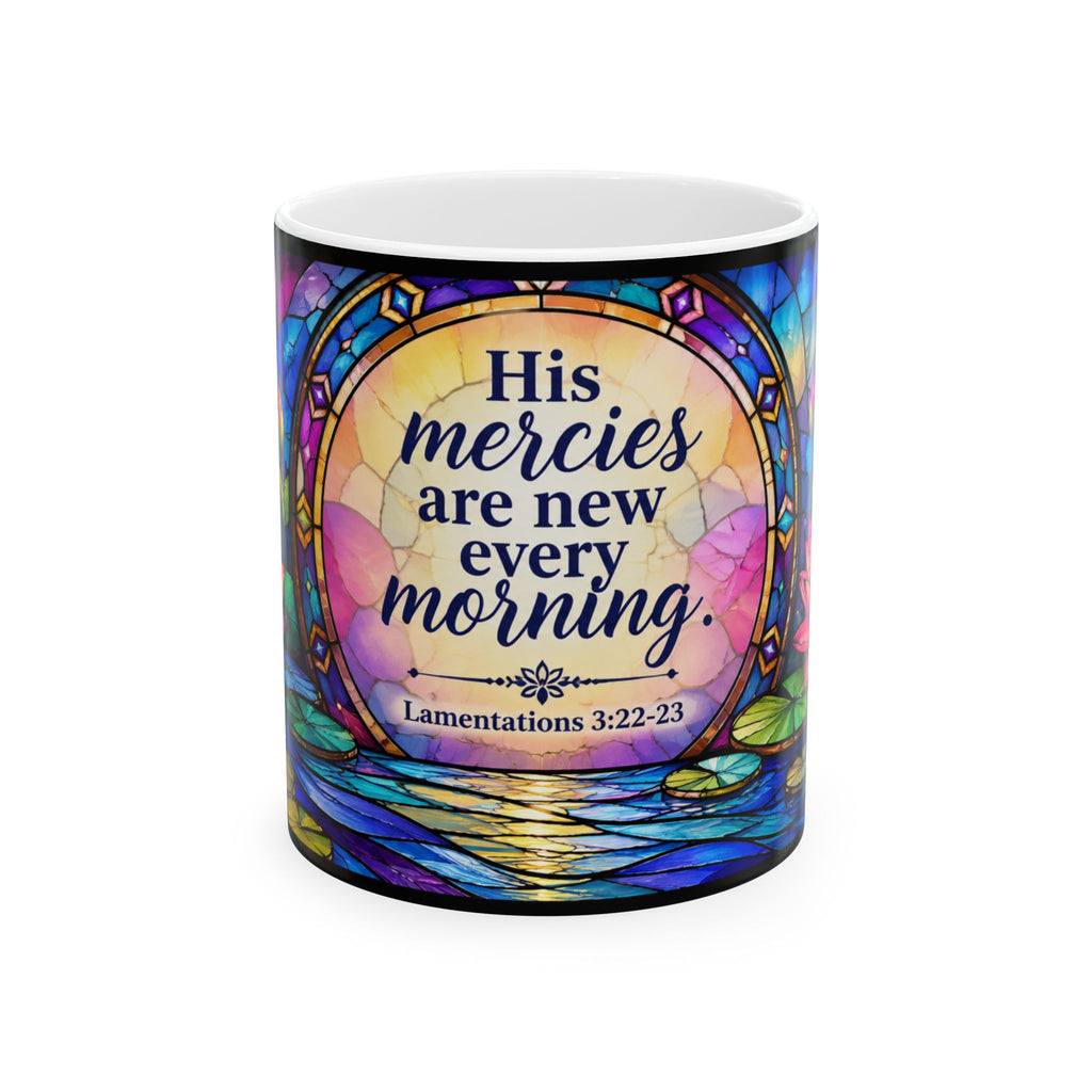 His mercies are new every morning Ceramic Mug | Lamentations 3:22-23, stained glass lotus design