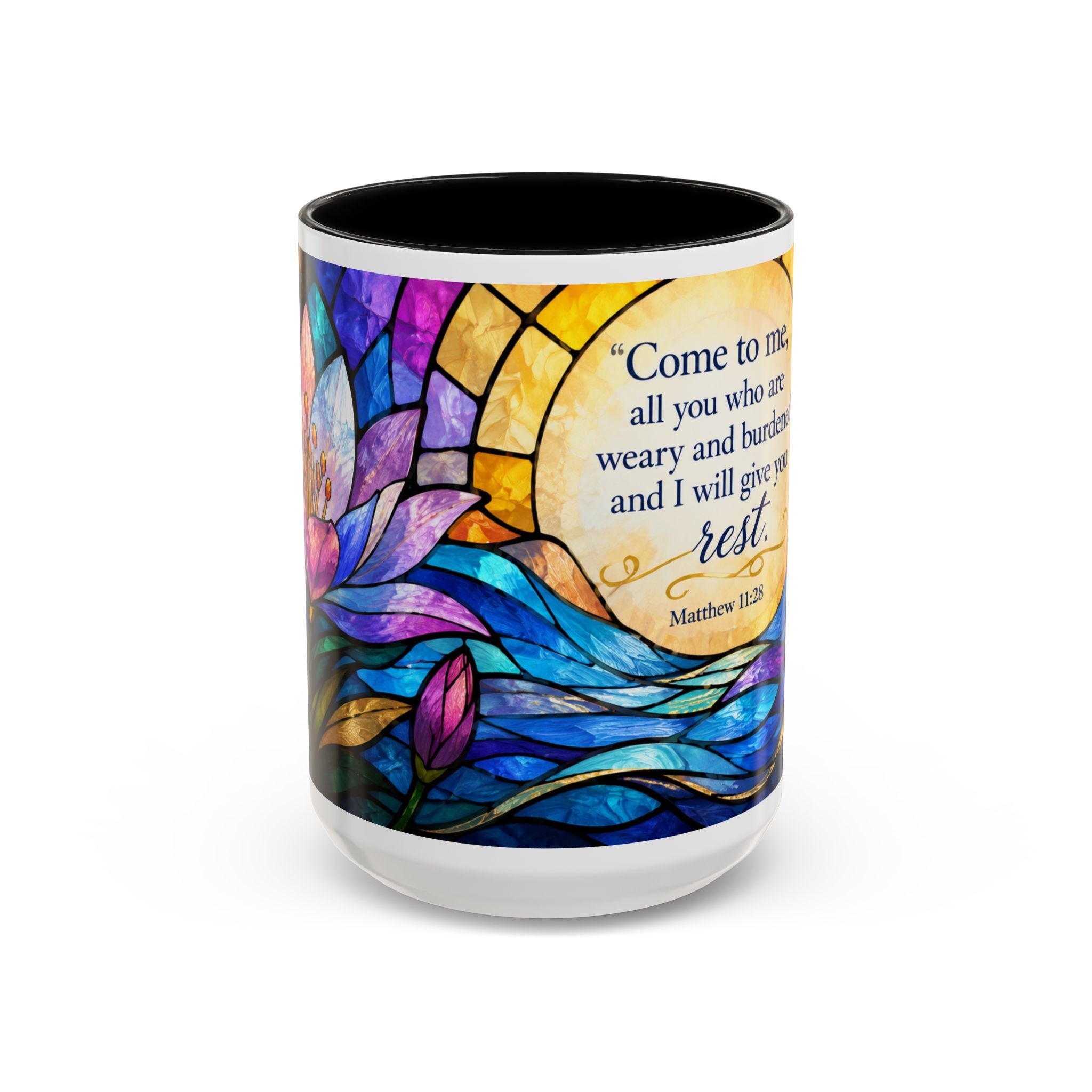 Matthew 11:28 Bible Verse Mug, Christian Coffee Cup, Come To Me All Who Are Weary Mug, Stained Glass Scripture Gift, Faith Prayer Mug