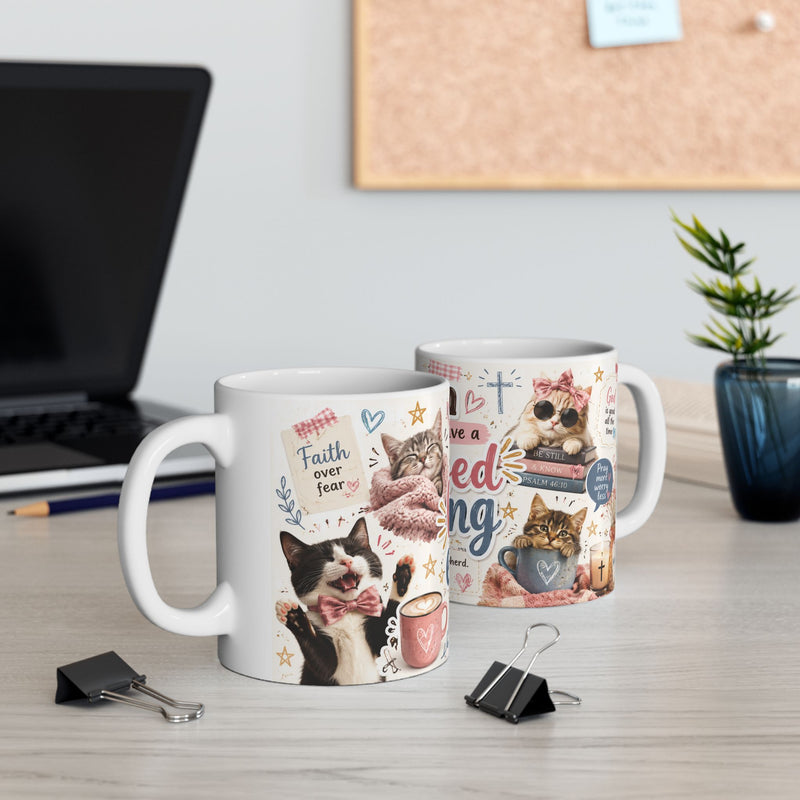 Blessed Evening mug | Christian Psalm 23:1 faith coffee cup with cat floral illustrations