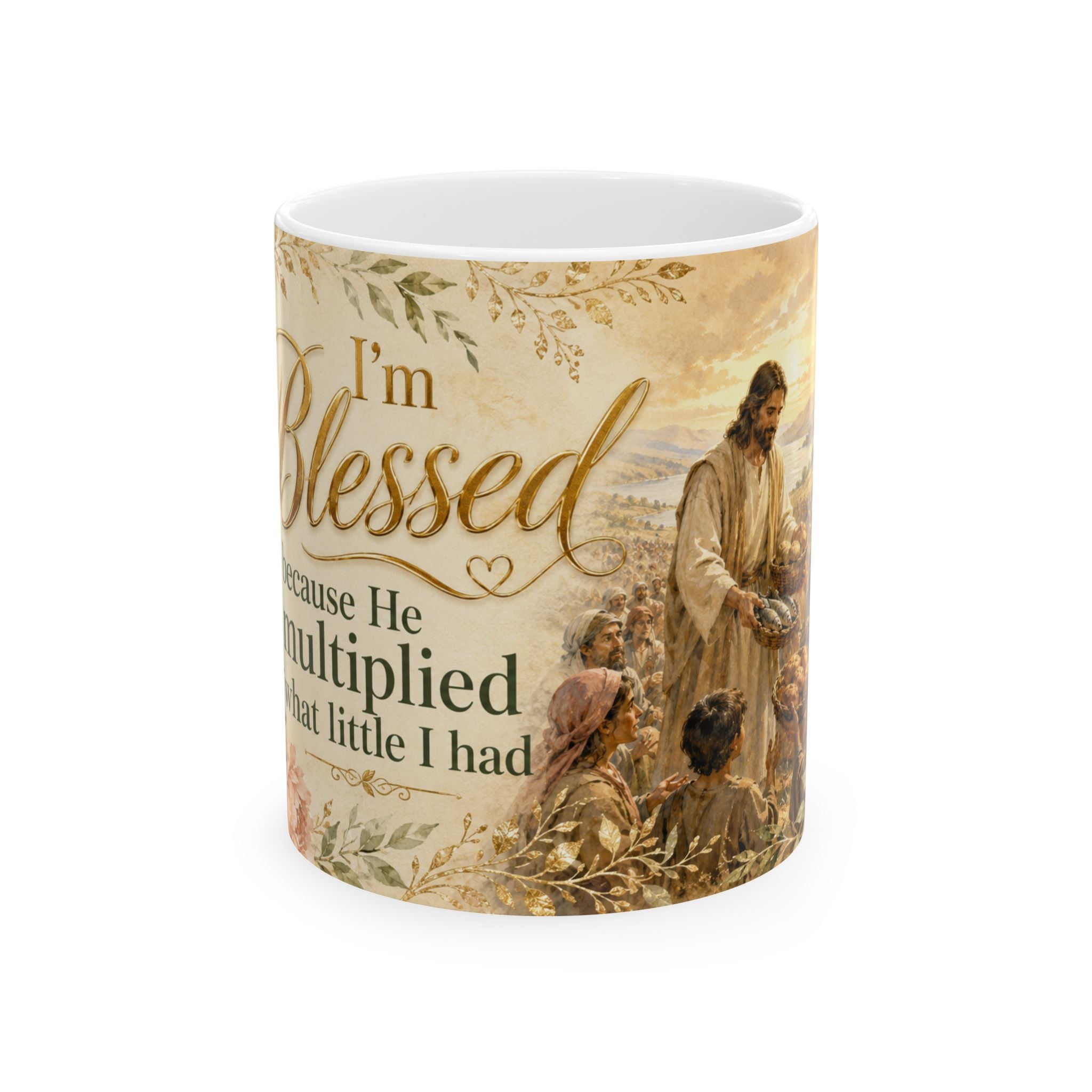 Jesus Feeds the Multitude Bible Verse Coffee Cup, Faith Gift