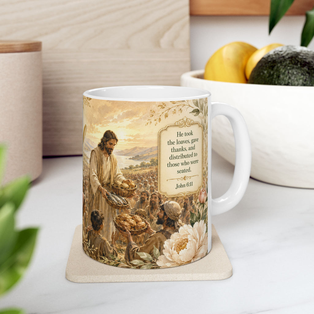 Jesus Feeds the Multitude Bible Verse Coffee Cup, Faith Gift