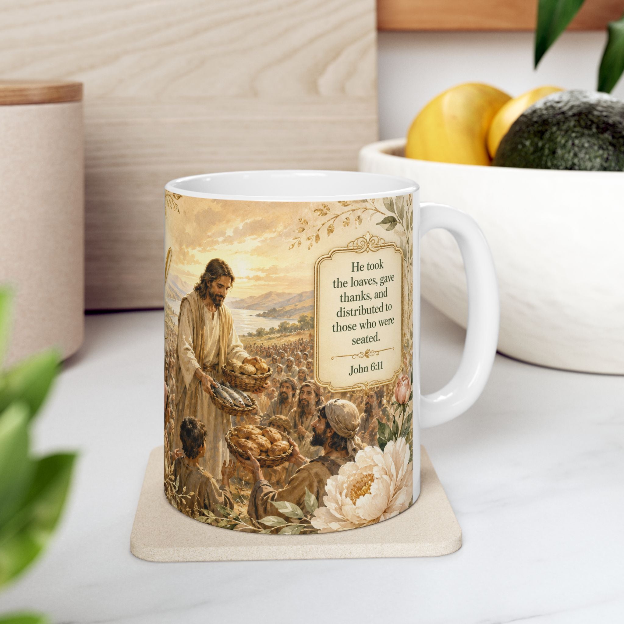 Jesus Feeds the Multitude Bible Verse Coffee Cup, Faith Gift