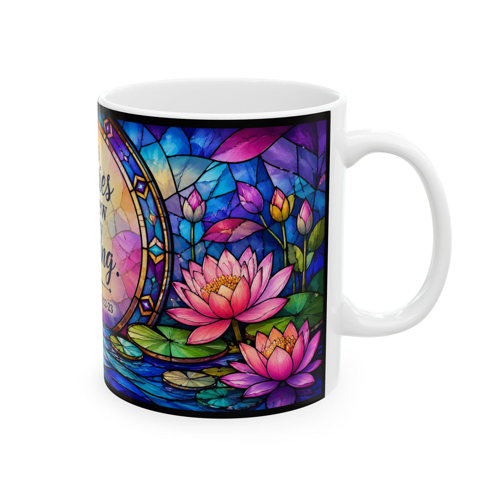 His mercies are new every morning Ceramic Mug | Lamentations 3:22-23, stained glass lotus design