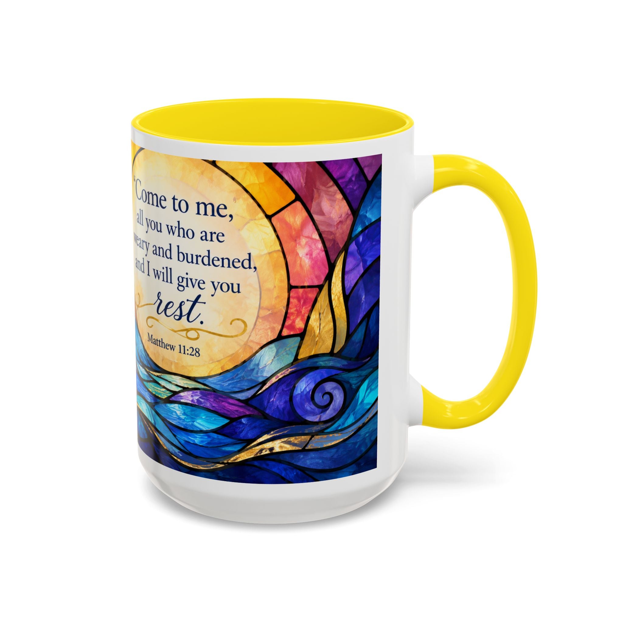 Matthew 11:28 Bible Verse Mug, Christian Coffee Cup, Come To Me All Who Are Weary Mug, Stained Glass Scripture Gift, Faith Prayer Mug