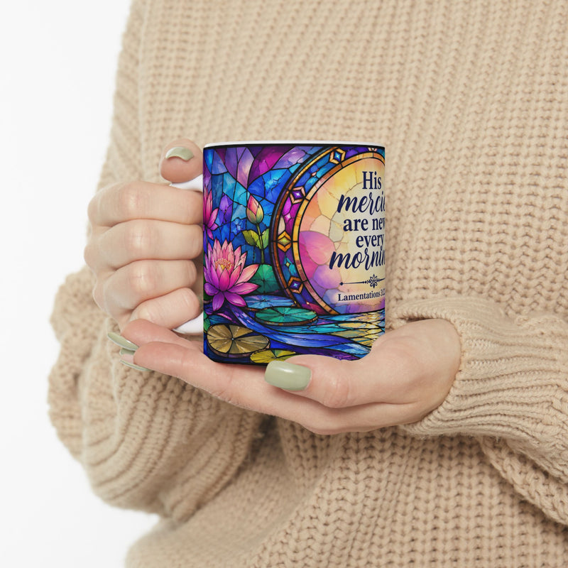 His mercies are new every morning Ceramic Mug | Lamentations 3:22-23, stained glass lotus design