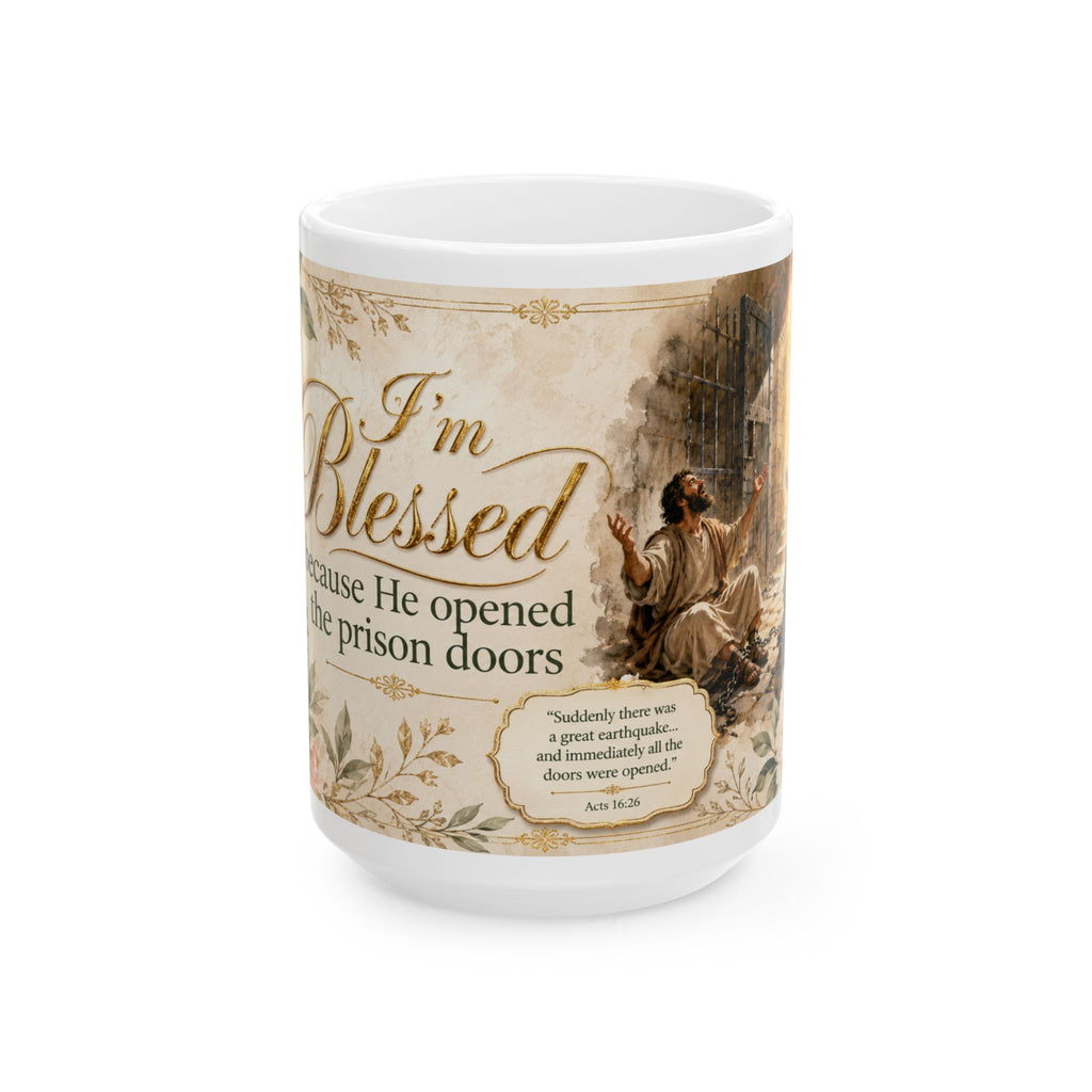 Acts 16:26 Christian Mug, He Opened the Prison Doors Bible Verse Coffee Cup, Faith Gift