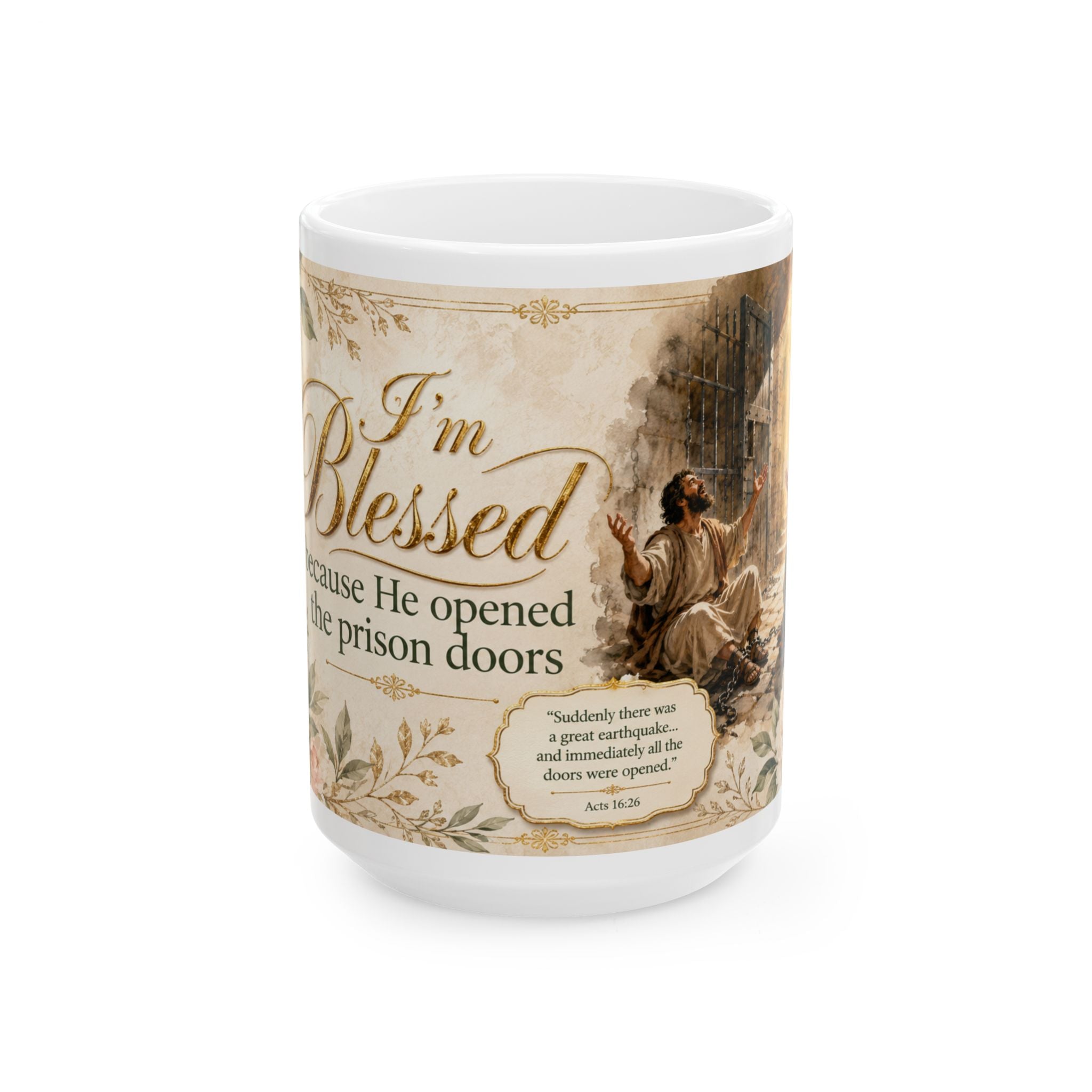 Acts 16:26 Christian Mug, He Opened the Prison Doors Bible Verse Coffee Cup, Faith Gift