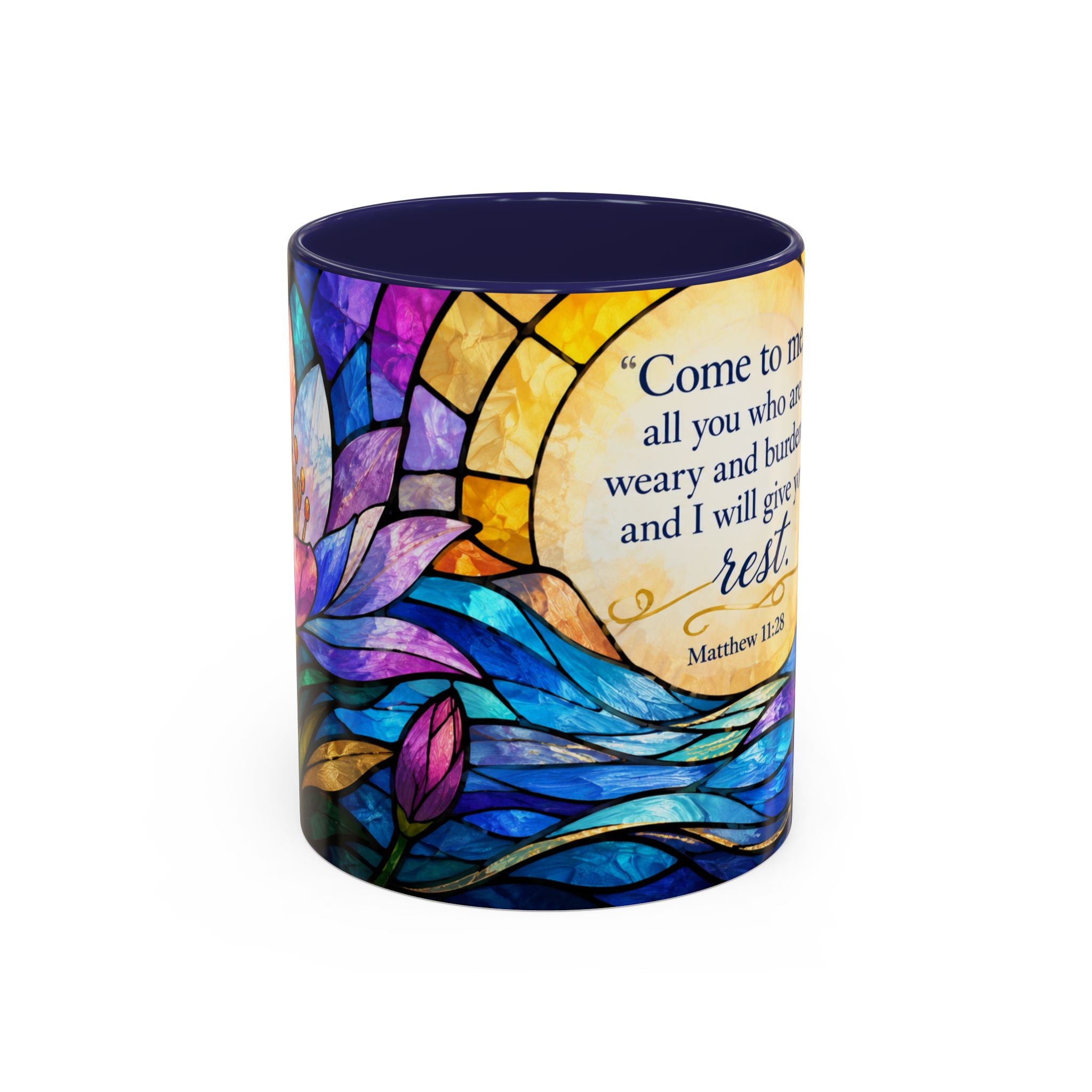 Matthew 11:28 Bible Verse Mug, Christian Coffee Cup, Come To Me All Who Are Weary Mug, Stained Glass Scripture Gift, Faith Prayer Mug