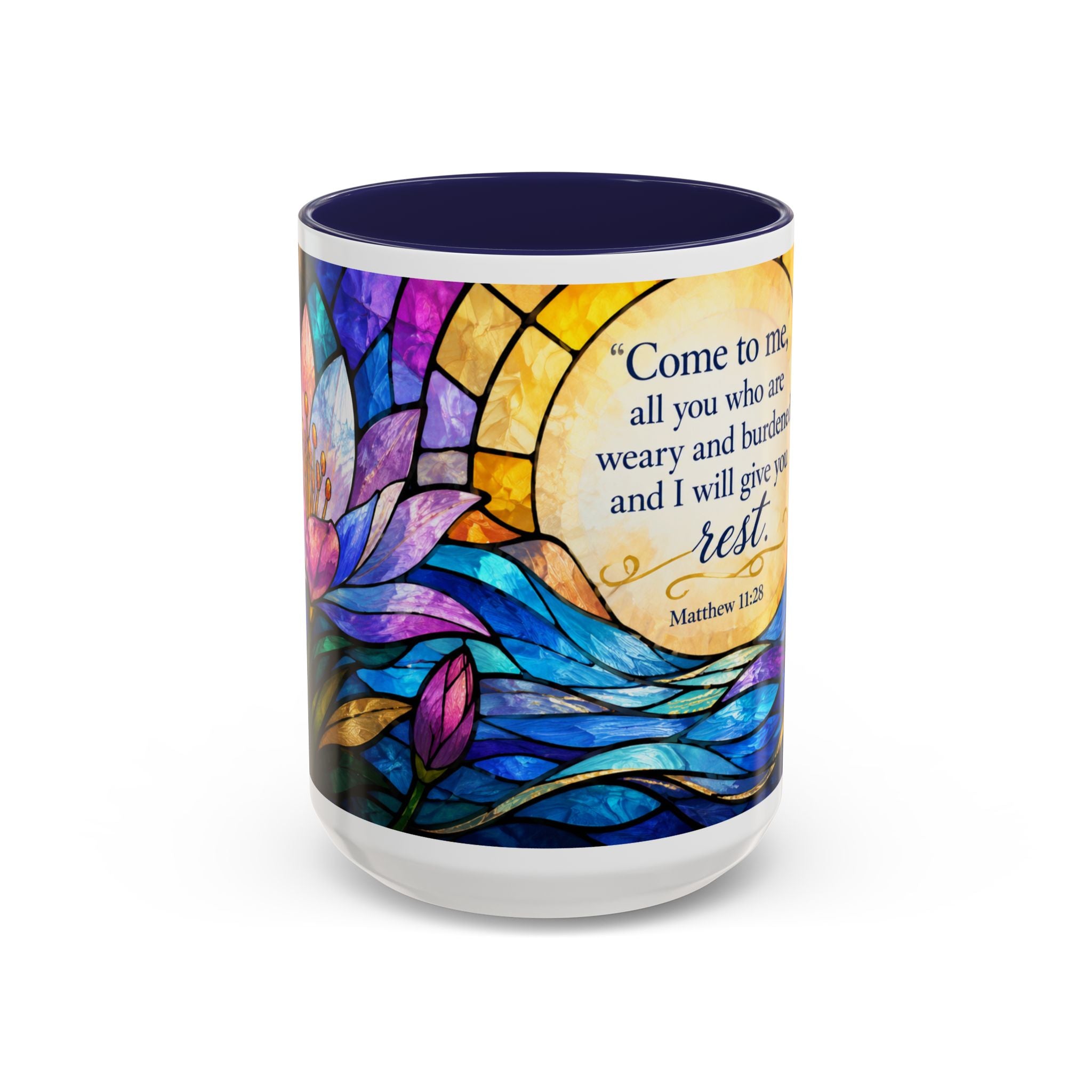 Matthew 11:28 Bible Verse Mug, Christian Coffee Cup, Come To Me All Who Are Weary Mug, Stained Glass Scripture Gift, Faith Prayer Mug