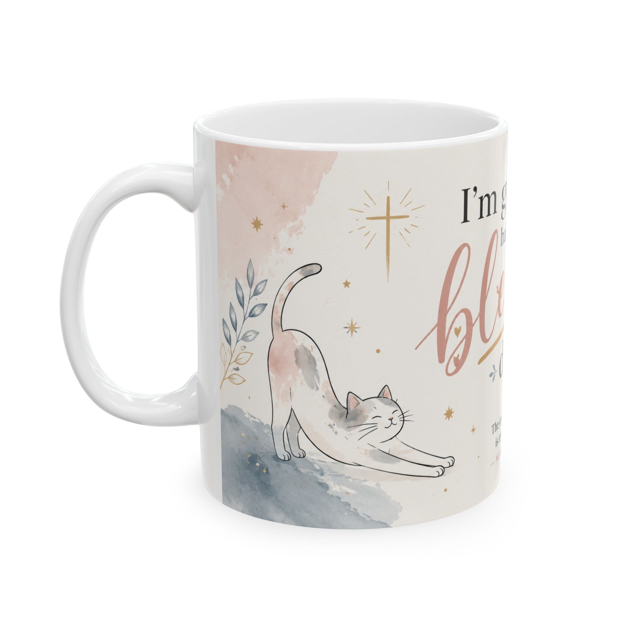 Christian Cat Mug, Blessed Day Coffee Cup, Nehemiah 8:10 Gift