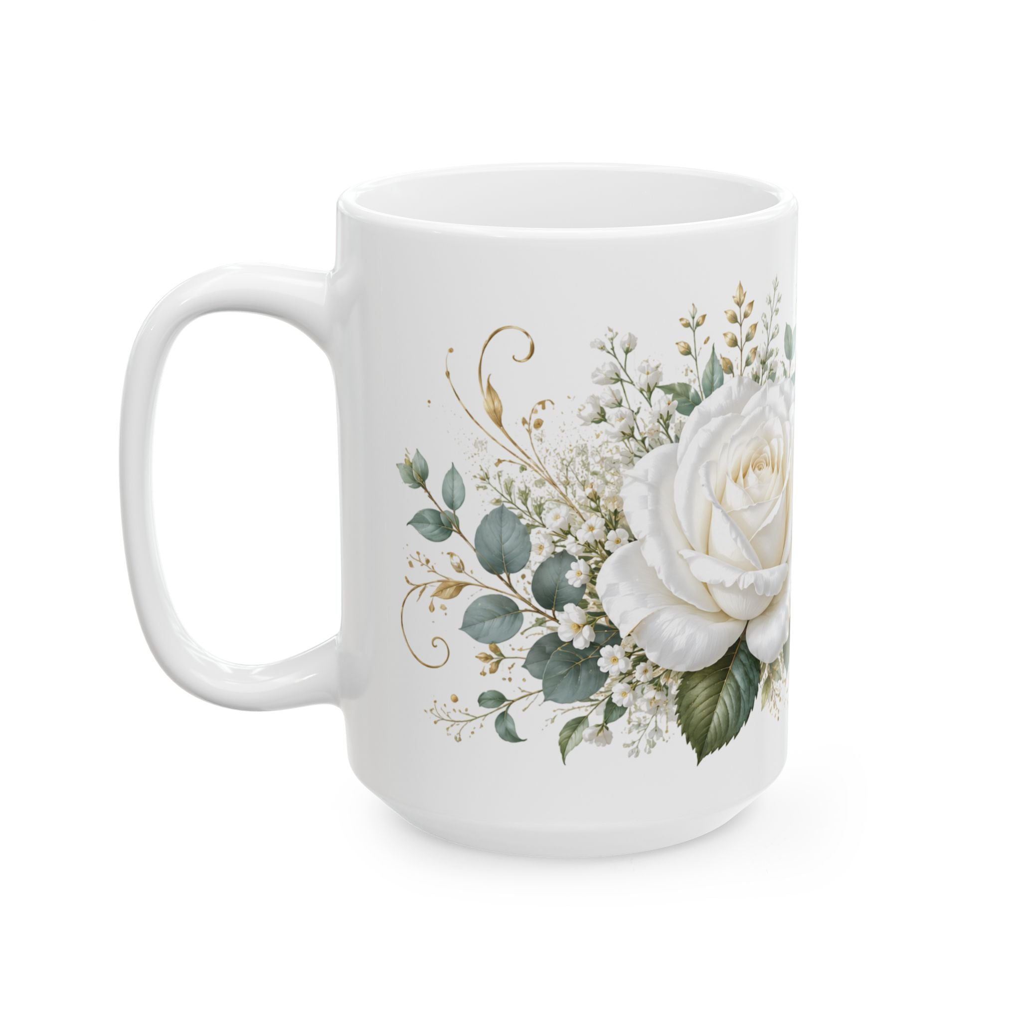 White Rose Floral Script Mug
