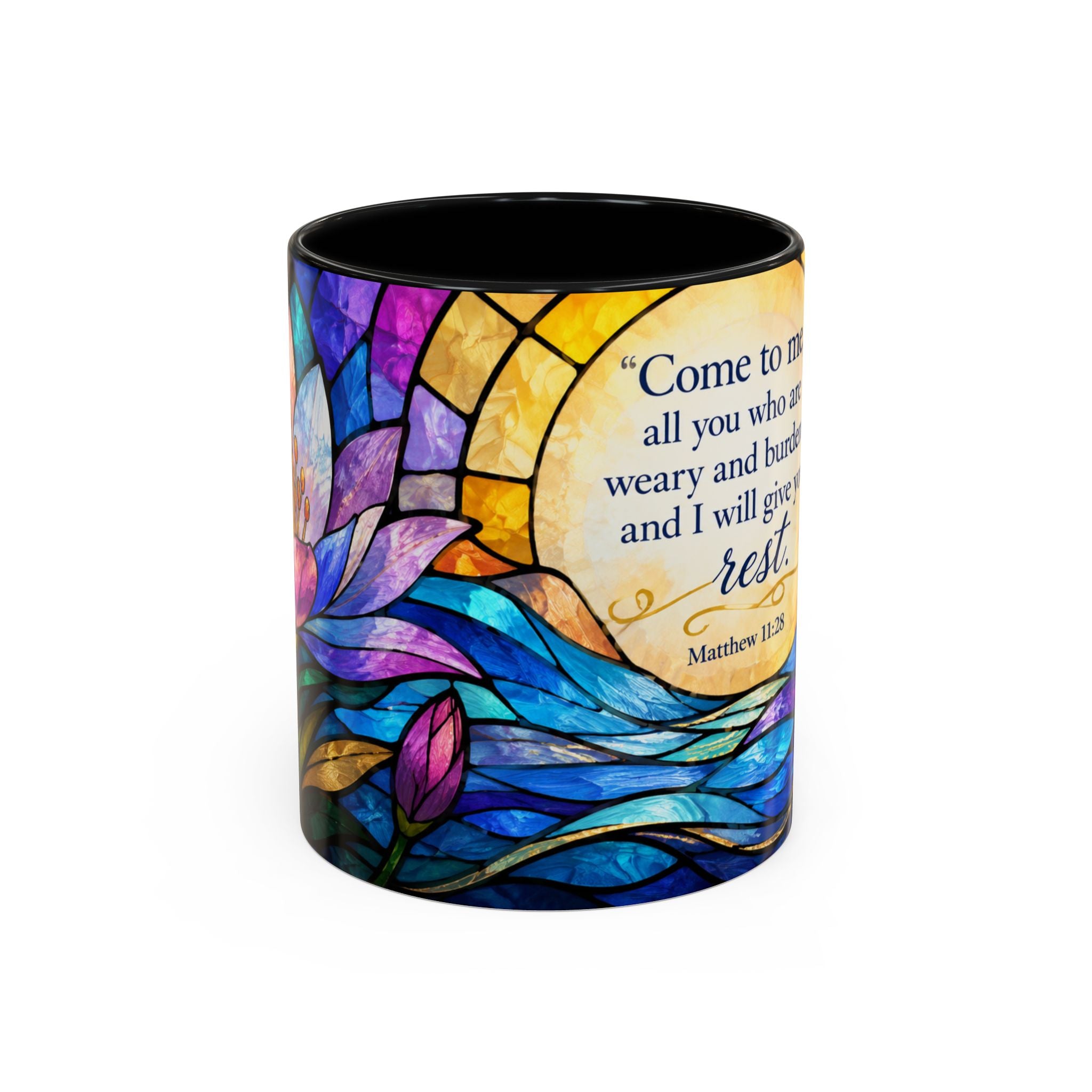 Matthew 11:28 Bible Verse Mug, Christian Coffee Cup, Come To Me All Who Are Weary Mug, Stained Glass Scripture Gift, Faith Prayer Mug