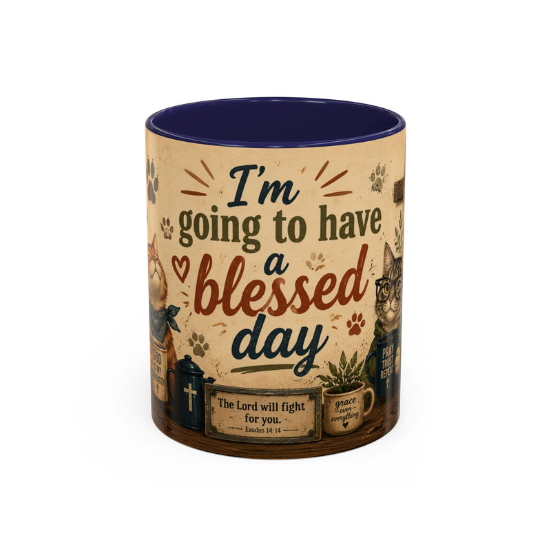 Christian Cat Mug, Blessed Day Coffee Cup, Exodus 14:14 Gift