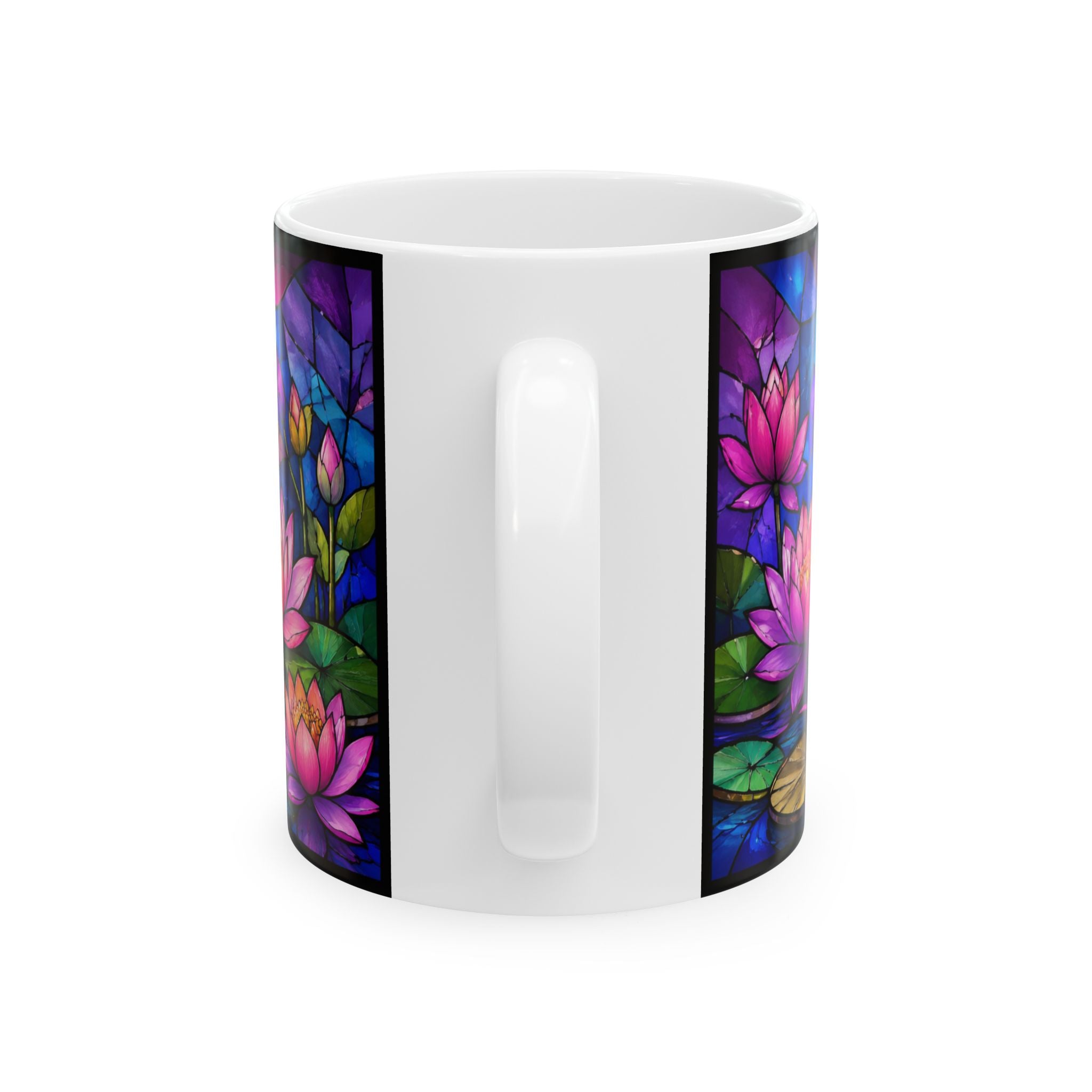 His mercies are new every morning Ceramic Mug | Lamentations 3:22-23, stained glass lotus design